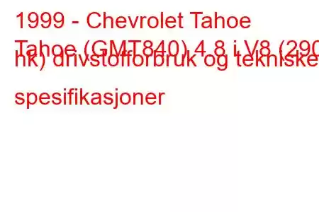 1999 - Chevrolet Tahoe
Tahoe (GMT840) 4.8 i V8 (290 hk) drivstofforbruk og tekniske spesifikasjoner