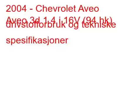 2004 - Chevrolet Aveo
Aveo 3d 1.4 i 16V (94 hk) drivstofforbruk og tekniske spesifikasjoner