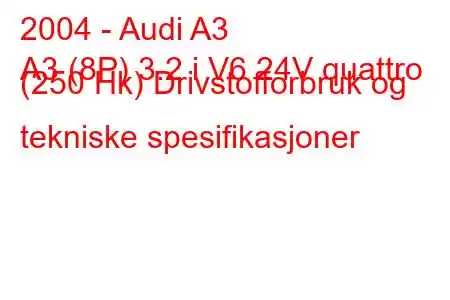 2004 - Audi A3
A3 (8P) 3.2 i V6 24V quattro (250 Hk) Drivstofforbruk og tekniske spesifikasjoner