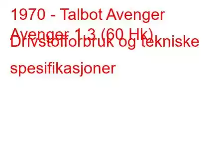 1970 - Talbot Avenger
Avenger 1.3 (60 Hk) Drivstofforbruk og tekniske spesifikasjoner