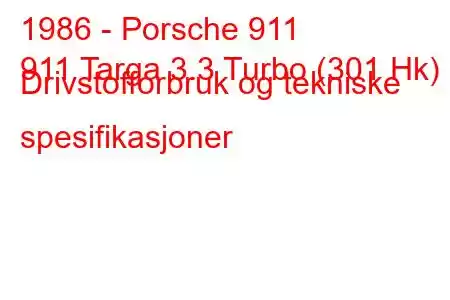 1986 - Porsche 911
911 Targa 3.3 Turbo (301 Hk) Drivstofforbruk og tekniske spesifikasjoner