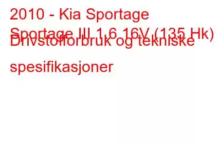 2010 - Kia Sportage
Sportage III 1.6 16V (135 Hk) Drivstofforbruk og tekniske spesifikasjoner