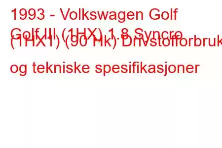 1993 - Volkswagen Golf
Golf III (1HX) 1.8 Syncro (1HX1) (90 Hk) Drivstofforbruk og tekniske spesifikasjoner