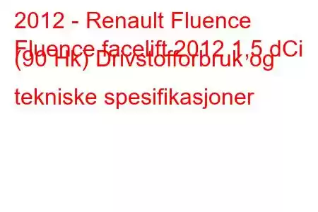 2012 - Renault Fluence
Fluence facelift 2012 1,5 dCi (90 Hk) Drivstofforbruk og tekniske spesifikasjoner