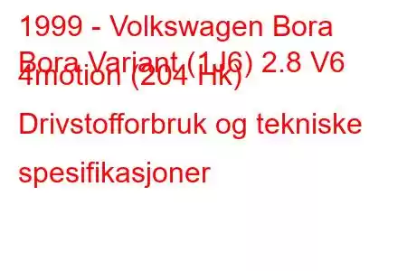 1999 - Volkswagen Bora
Bora Variant (1J6) 2.8 V6 4motion (204 Hk) Drivstofforbruk og tekniske spesifikasjoner