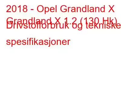 2018 - Opel Grandland X
Grandland X 1.2 (130 Hk) Drivstofforbruk og tekniske spesifikasjoner