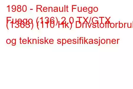 1980 - Renault Fuego
Fuego (136) 2.0 TX/GTX (1363) (110 Hk) Drivstofforbruk og tekniske spesifikasjoner