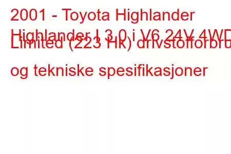 2001 - Toyota Highlander
Highlander I 3.0 i V6 24V 4WD Limited (223 Hk) drivstofforbruk og tekniske spesifikasjoner