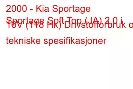 2000 - Kia Sportage
Sportage Soft Top (JA) 2.0 i 16V (118 Hk) Drivstofforbruk og tekniske spesifikasjoner