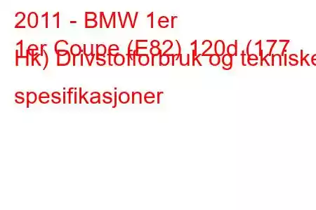 2011 - BMW 1er
1er Coupe (E82) 120d (177 Hk) Drivstofforbruk og tekniske spesifikasjoner