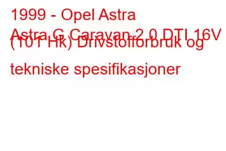 1999 - Opel Astra
Astra G Caravan 2.0 DTI 16V (101 Hk) Drivstofforbruk og tekniske spesifikasjoner