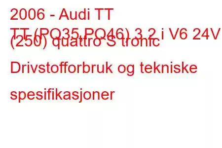 2006 - Audi TT
TT (PQ35,PQ46) 3.2 i V6 24V (250) quattro S tronic Drivstofforbruk og tekniske spesifikasjoner