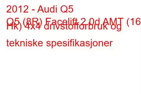 2012 - Audi Q5
Q5 (8R) Facelift 2.0d AMT (163 Hk) 4x4 drivstofforbruk og tekniske spesifikasjoner