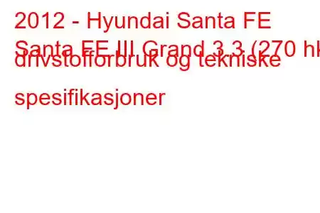 2012 - Hyundai Santa FE
Santa FE III Grand 3.3 (270 hk) drivstofforbruk og tekniske spesifikasjoner