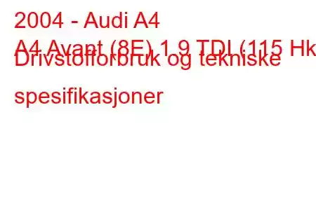 2004 - Audi A4
A4 Avant (8E) 1.9 TDI (115 Hk) Drivstofforbruk og tekniske spesifikasjoner