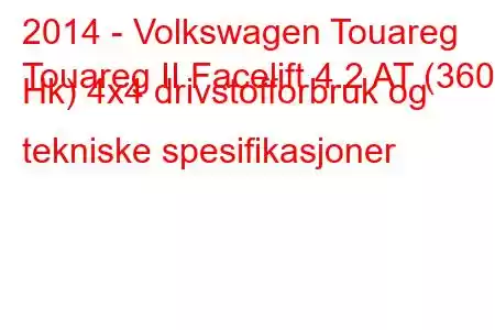 2014 - Volkswagen Touareg
Touareg II Facelift 4.2 AT (360 Hk) 4x4 drivstofforbruk og tekniske spesifikasjoner