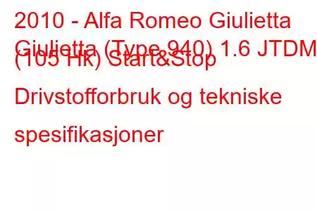 2010 - Alfa Romeo Giulietta
Giulietta (Type 940) 1.6 JTDM (105 Hk) Start&Stop Drivstofforbruk og tekniske spesifikasjoner