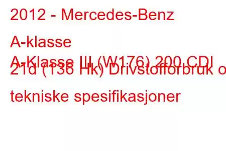 2012 - Mercedes-Benz A-klasse
A-Klasse III (W176) 200 CDI 21d (136 Hk) Drivstofforbruk og tekniske spesifikasjoner