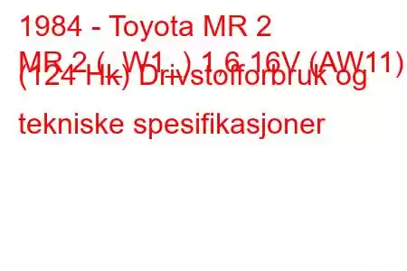 1984 - Toyota MR 2
MR 2 (_W1_) 1,6 16V (AW11) (124 Hk) Drivstofforbruk og tekniske spesifikasjoner