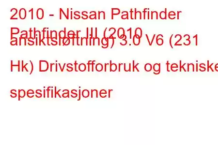 2010 - Nissan Pathfinder
Pathfinder III (2010 ansiktsløftning) 3.0 V6 (231 Hk) Drivstofforbruk og tekniske spesifikasjoner