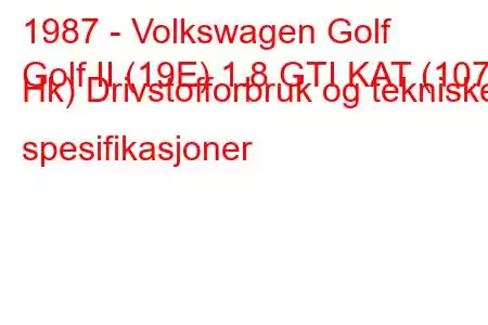 1987 - Volkswagen Golf
Golf II (19E) 1.8 GTI KAT (107 Hk) Drivstofforbruk og tekniske spesifikasjoner