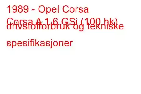 1989 - Opel Corsa
Corsa A 1.6 GSi (100 hk) drivstofforbruk og tekniske spesifikasjoner