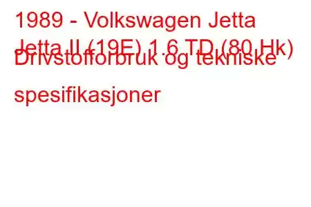 1989 - Volkswagen Jetta
Jetta II (19E) 1.6 TD (80 Hk) Drivstofforbruk og tekniske spesifikasjoner