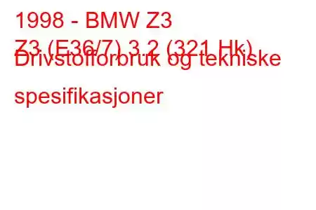 1998 - BMW Z3
Z3 (E36/7) 3.2 (321 Hk) Drivstofforbruk og tekniske spesifikasjoner