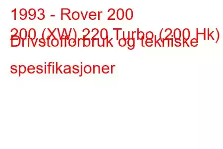 1993 - Rover 200
200 (XW) 220 Turbo (200 Hk) Drivstofforbruk og tekniske spesifikasjoner