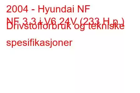 2004 - Hyundai NF
NF 3.3 i V6 24V (233 H.p.) Drivstofforbruk og tekniske spesifikasjoner