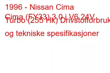 1996 - Nissan Cima
Cima (FY33) 3.0 i V6 24V Turbo (255 Hk) Drivstofforbruk og tekniske spesifikasjoner