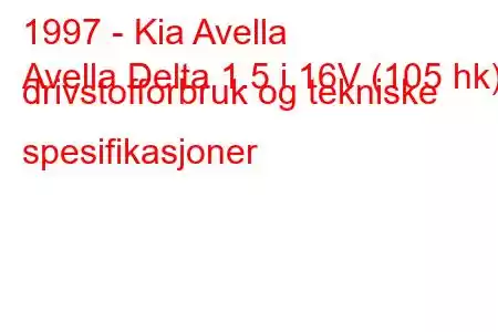 1997 - Kia Avella
Avella Delta 1.5 i 16V (105 hk) drivstofforbruk og tekniske spesifikasjoner