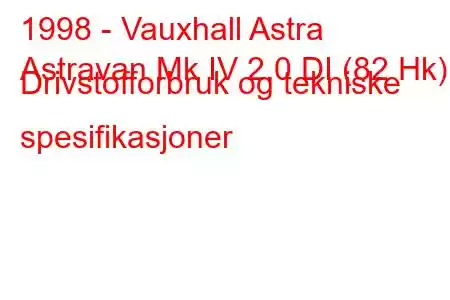 1998 - Vauxhall Astra
Astravan Mk IV 2.0 DI (82 Hk) Drivstofforbruk og tekniske spesifikasjoner