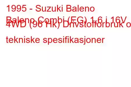 1995 - Suzuki Baleno
Baleno Combi (EG) 1,6 i 16V 4WD (96 Hk) Drivstofforbruk og tekniske spesifikasjoner