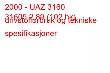 2000 - UAZ 3160
31605 2,89 (102 hk) drivstofforbruk og tekniske spesifikasjoner