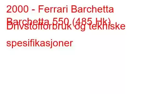 2000 - Ferrari Barchetta
Barchetta 550 (485 Hk) Drivstofforbruk og tekniske spesifikasjoner