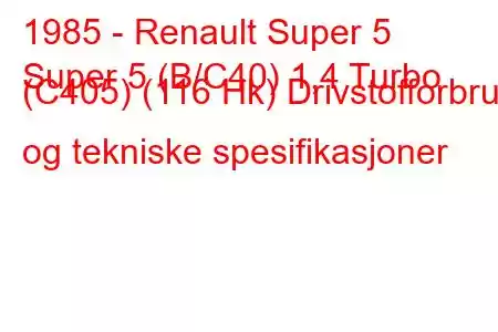 1985 - Renault Super 5
Super 5 (B/C40) 1,4 Turbo (C405) (116 Hk) Drivstofforbruk og tekniske spesifikasjoner