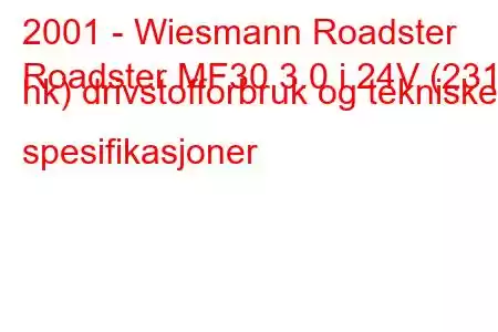 2001 - Wiesmann Roadster
Roadster MF30 3.0 i 24V (231 hk) drivstofforbruk og tekniske spesifikasjoner