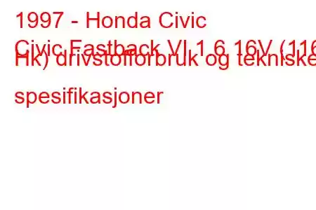 1997 - Honda Civic
Civic Fastback VI 1.6 16V (116 Hk) drivstofforbruk og tekniske spesifikasjoner