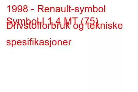 1998 - Renault-symbol
Symbol I 1,4 MT (75) Drivstofforbruk og tekniske spesifikasjoner