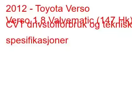 2012 - Toyota Verso
Verso 1.8 Valvematic (147 Hk) CVT drivstofforbruk og tekniske spesifikasjoner