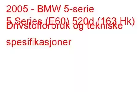 2005 - BMW 5-serie
5 Series (E60) 520d (163 Hk) Drivstofforbruk og tekniske spesifikasjoner