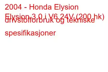 2004 - Honda Elysion
Elysion 3.0 i V6 24V (200 hk) drivstofforbruk og tekniske spesifikasjoner