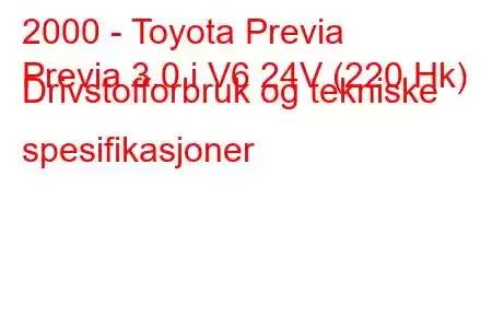 2000 - Toyota Previa
Previa 3.0 i V6 24V (220 Hk) Drivstofforbruk og tekniske spesifikasjoner