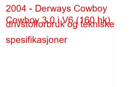 2004 - Derways Cowboy
Cowboy 3.0 i V6 (160 hk) drivstofforbruk og tekniske spesifikasjoner