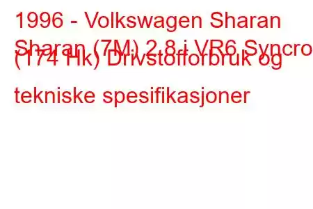 1996 - Volkswagen Sharan
Sharan (7M) 2.8 i VR6 Syncro (174 Hk) Drivstofforbruk og tekniske spesifikasjoner