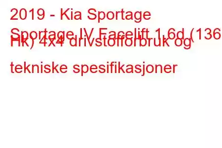 2019 - Kia Sportage
Sportage IV Facelift 1.6d (136 Hk) 4x4 drivstofforbruk og tekniske spesifikasjoner