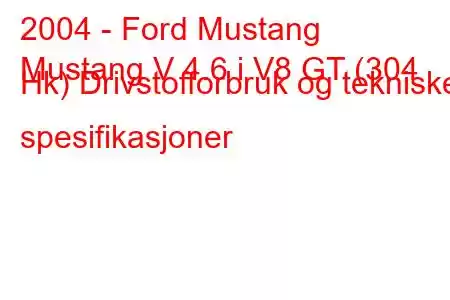 2004 - Ford Mustang
Mustang V 4.6 i V8 GT (304 Hk) Drivstofforbruk og tekniske spesifikasjoner