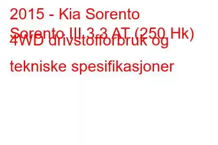 2015 - Kia Sorento
Sorento III 3.3 AT (250 Hk) 4WD drivstofforbruk og tekniske spesifikasjoner