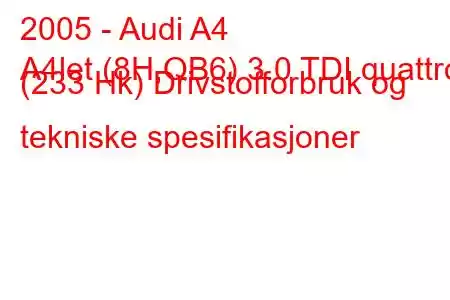 2005 - Audi A4
A4let (8H,QB6) 3.0 TDI quattro (233 Hk) Drivstofforbruk og tekniske spesifikasjoner